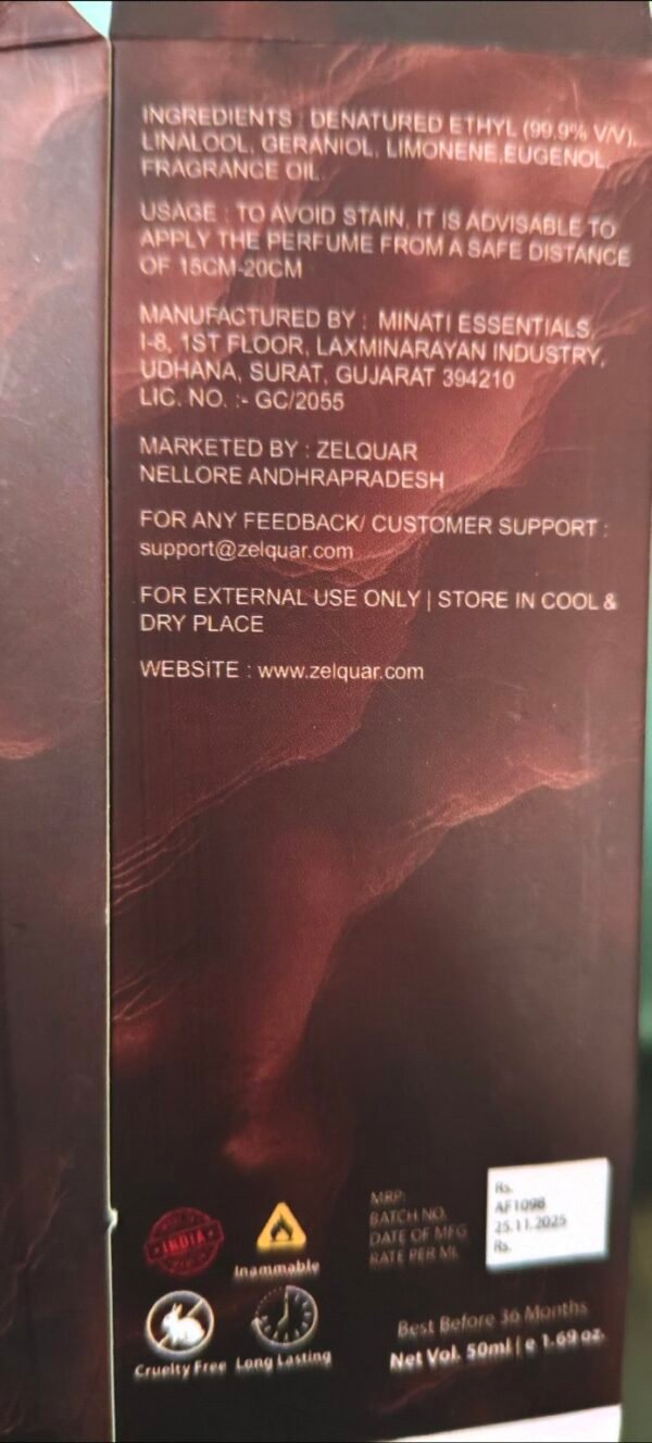 Box backside zq ZELQUAR Sovereign Reserve EAU DE PARFUM 50ML