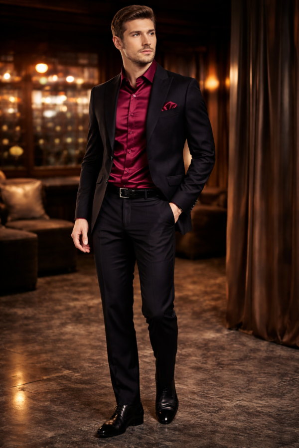 ZELQUAR™ Men’s Premium Satin Shirt – Wine Maroon