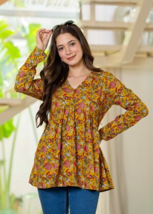 WhatsApp Image 2026-01-01 at 3.00.25 PM ZELQUAR Mustard Floral Cotton Alia Top for Women