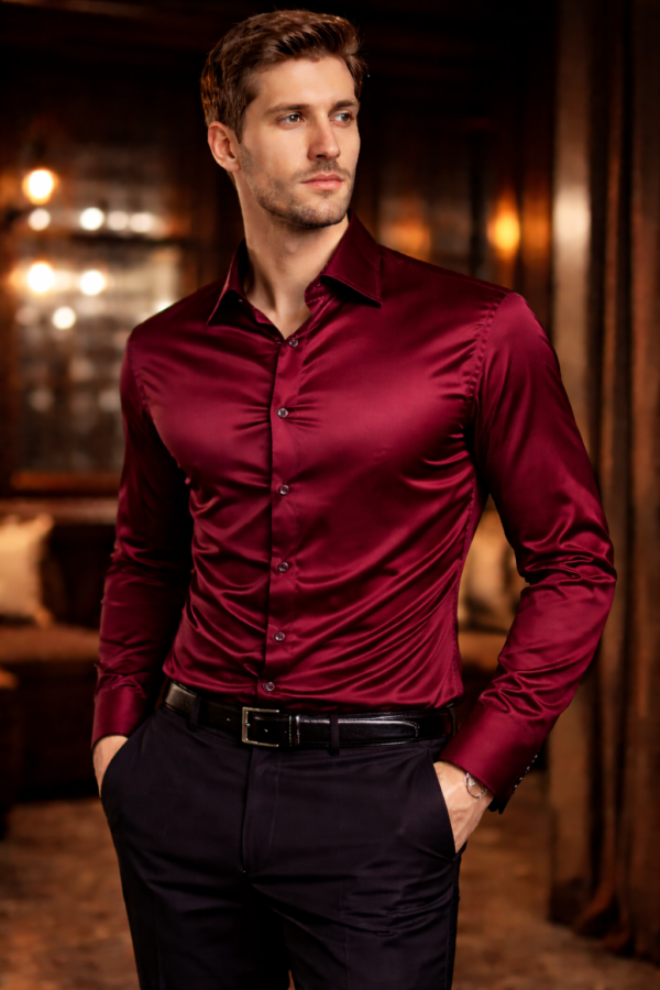 ZELQUAR™ Men’s Premium Satin Shirt – Wine Maroon