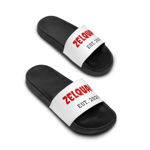 8063981681985735288_2048.jpeg ZELQUAR™ Men's Slide Sandals — White Strap with Red 'ZELOUAR' Logo & "EST. 2025"