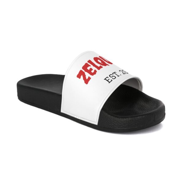 861308593177415736_2048.jpeg ZELQUAR™ Men's Slide Sandals — White Strap with Red 'ZELOUAR' Logo & "EST. 2025"